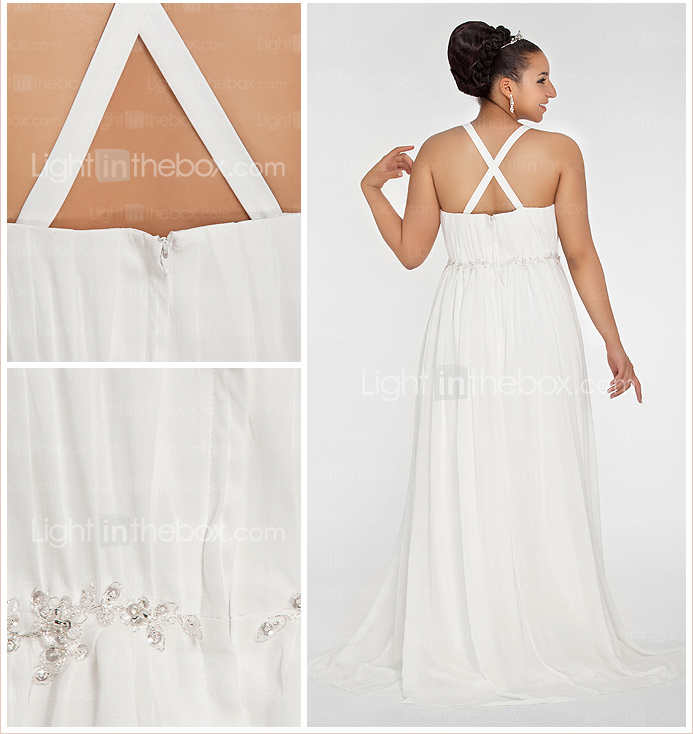 gaine / colonne v-cou balayage / pinceau train robe de mariée en mousseline de soie plus la taille