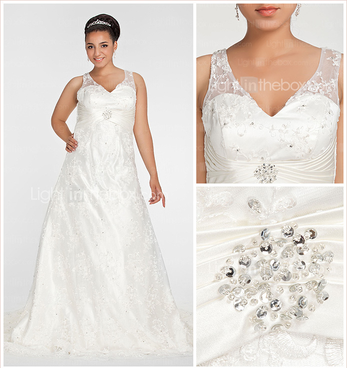 A-line V-neck Chapel Train Lace Plus Size Wedding Dress