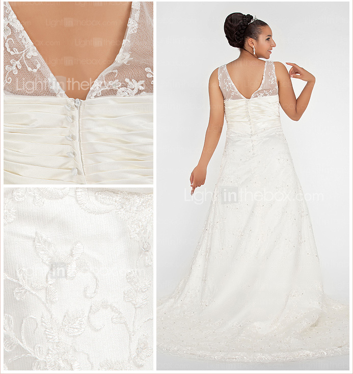A-line V-neck Chapel Train Lace Plus Size Wedding Dress