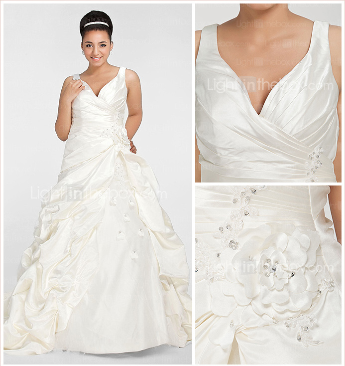 Ballkleid mit V-Ausschnitt Kapelle Zug Satin plus size Hochzeitskleid