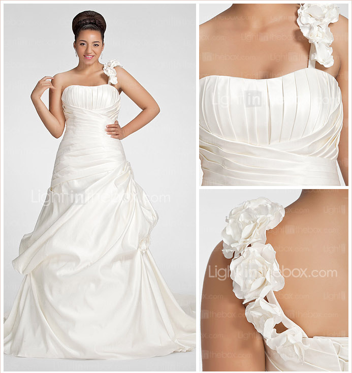 A-Line una spalla cappella treno Satin plus size abito da sposa