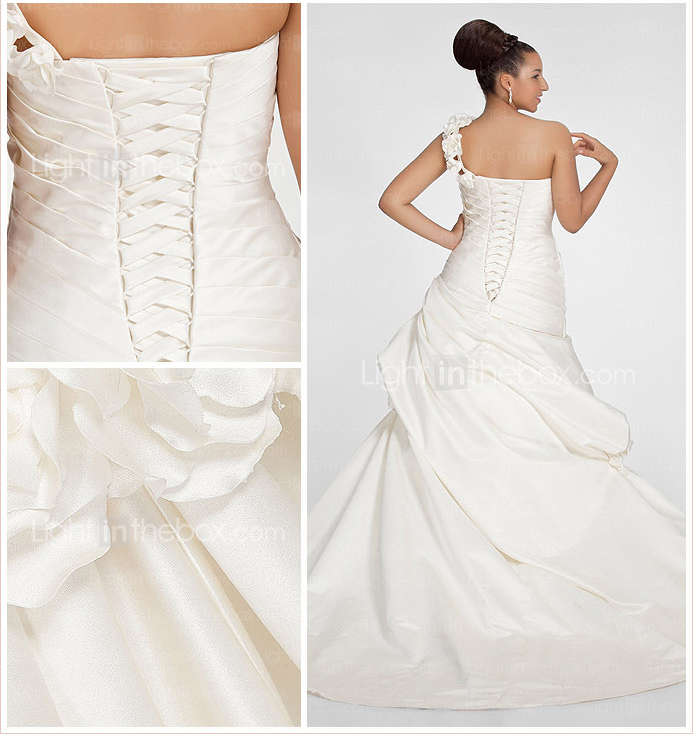 A-Line una spalla cappella treno Satin plus size abito da sposa