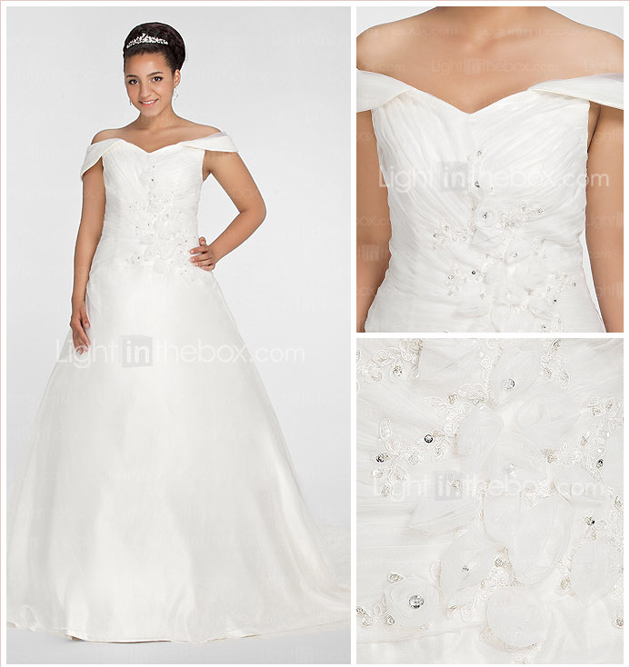 palla abito off-the-spalla cappella treno Chiffon plus size abito da sposa
