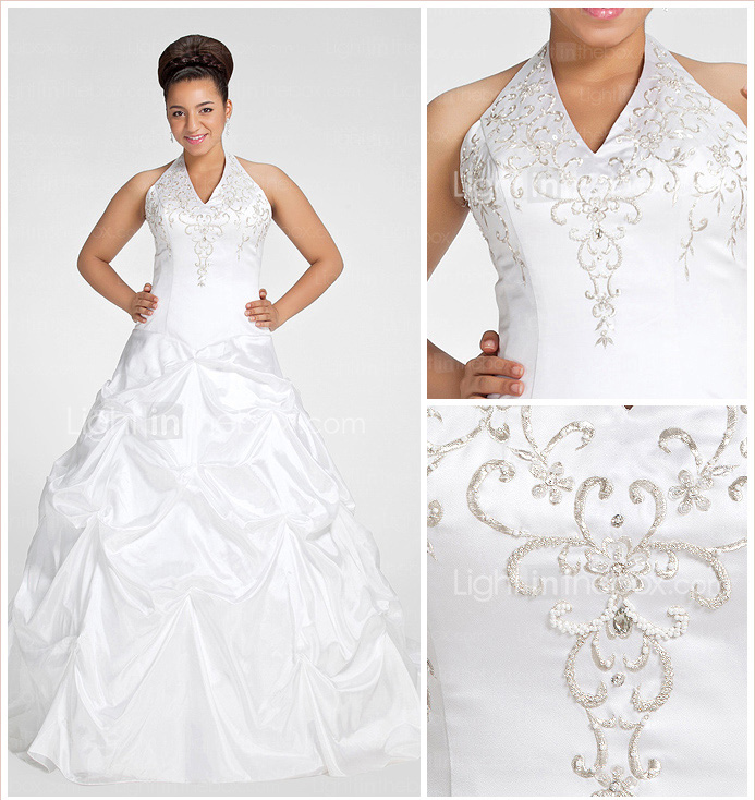 Ball Gown Halter Chapel Train Taffeta Plus Size Wedding Dress