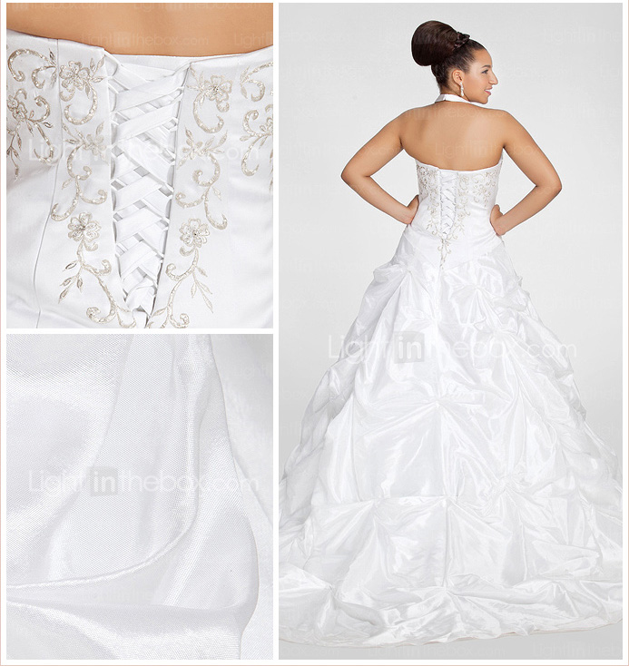 Ball Gown Halter Chapel Train Taffeta Plus Size Wedding Dress