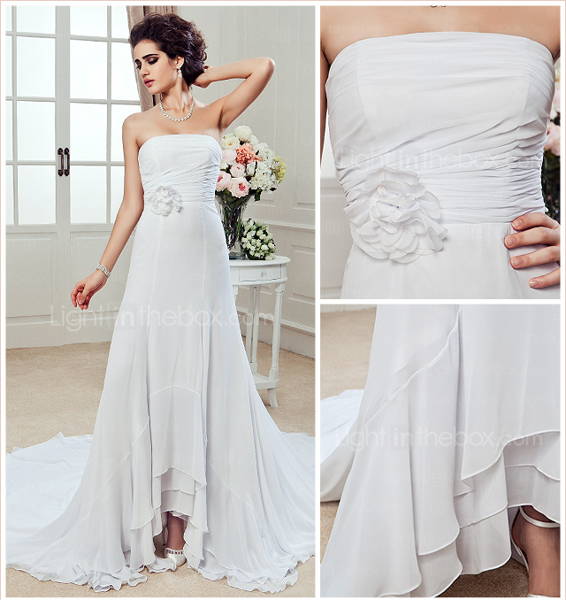 Sheath/ Column Strapless Chapel Train Chiffon Wedding Dress