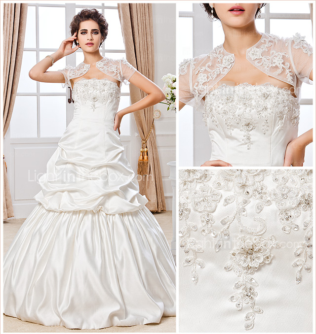 Ball Gown Strapless Court Train Satin Tulle Wedding Dress With Wrap