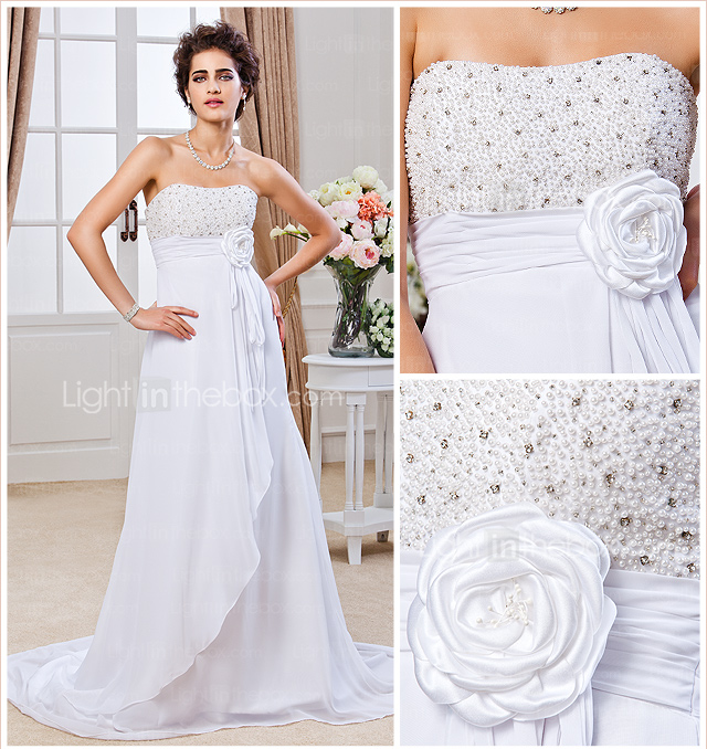 Sheath/ Column Strapless Court Train Chiffon Wedding Dress