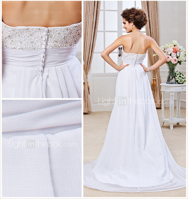 Sheath/ Column Strapless Court Train Chiffon Wedding Dress