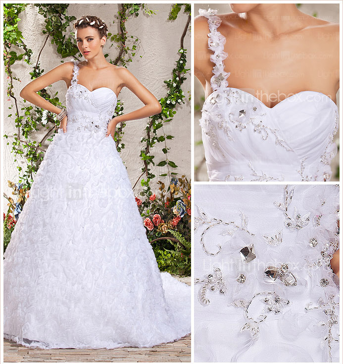 A-line One Shoulder Chapel Train Organza Wedding Dress 