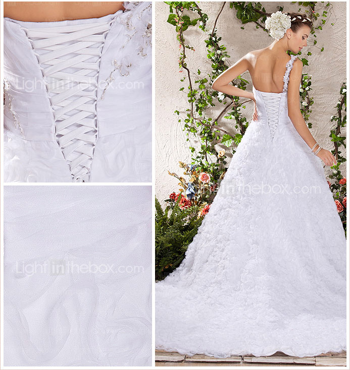 A-line One Shoulder Chapel Train Organza Wedding Dress 