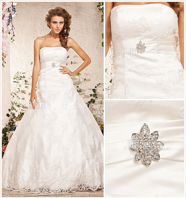 vestido de bola del cordón del vestido de novia de satén palabra de longitud sin tirantes