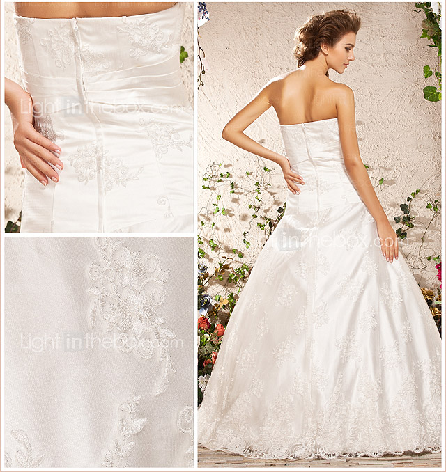 vestido de bola del cordón del vestido de novia de satén palabra de longitud sin tirantes